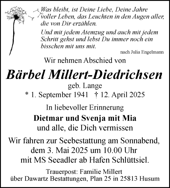 Traueranzeige von Bärbel Millert-Diedrichsen von Husumer Nachrichten, Nordfriesland Tageblatt