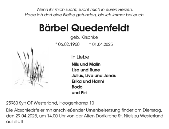 Traueranzeige von Bärbel Quedenfeldt von Sylter Rundschau