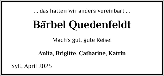 Traueranzeige von Bärbel Quedenfeldt von Sylter Rundschau