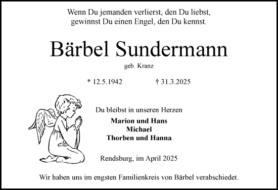 Traueranzeige von Bärbel Sundermann von Schleswig-Holsteinische Landeszeitung