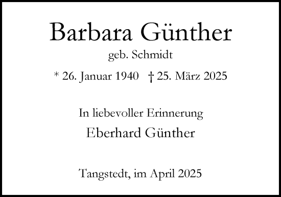 Traueranzeige von Barbara Günther von Region Pinneberg und tip Pinneberg