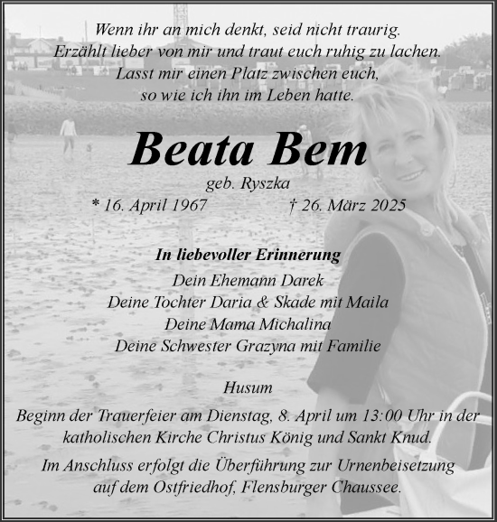 Traueranzeige von Beata Bem von Husumer Nachrichten, Nordfriesland Tageblatt