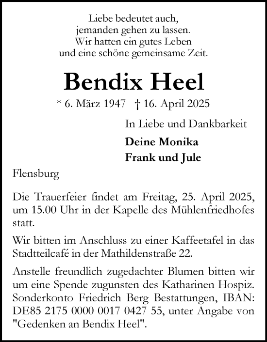 Traueranzeige von Bendix Heel von Flensburger Tageblatt