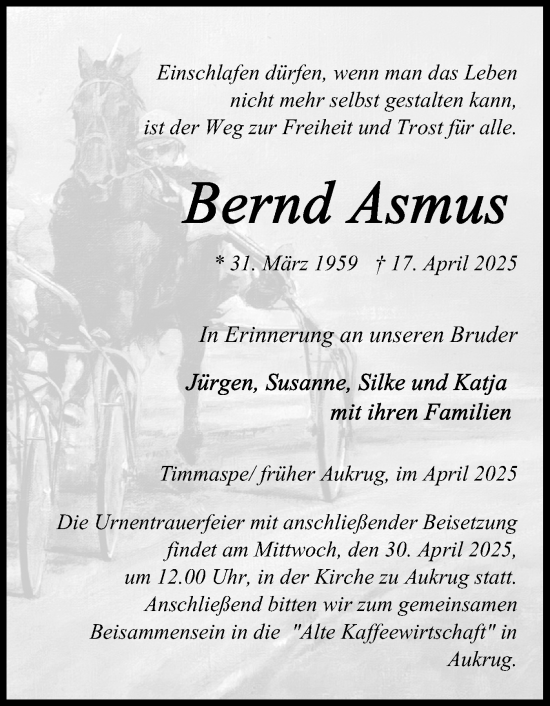 Traueranzeige von Bernd Asmus von Schleswig-Holsteinische Landeszeitung