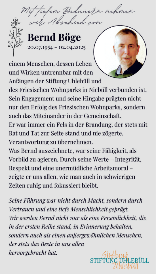 Traueranzeige von Bernd Böge von Husumer Nachrichten, Nordfriesland Tageblatt