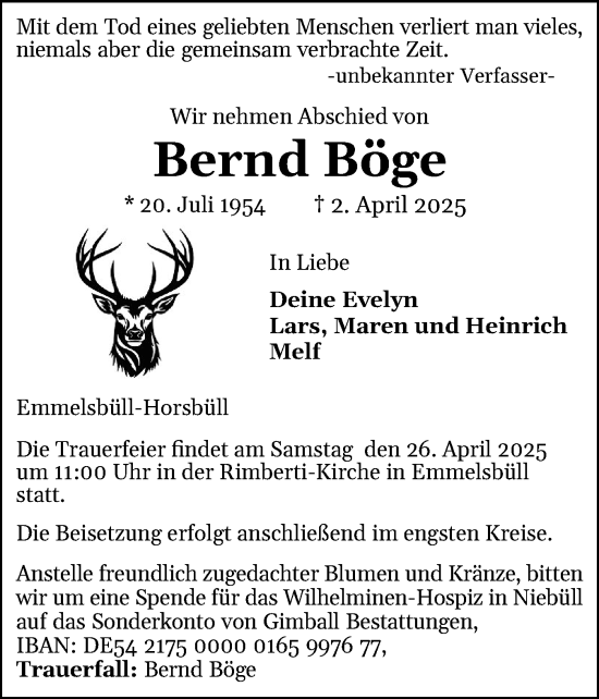 Traueranzeige von Bernd Böge von Husumer Nachrichten, Nordfriesland Tageblatt