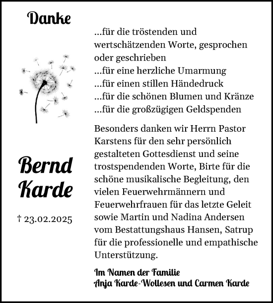 Traueranzeige von Bernd Karde von Flensburger Tageblatt, Schleswiger Nachrichten, Schlei-Bote