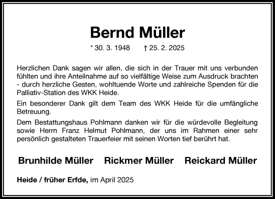 Traueranzeige von Bernd Müller von Schleswig-Holsteinische Landeszeitung