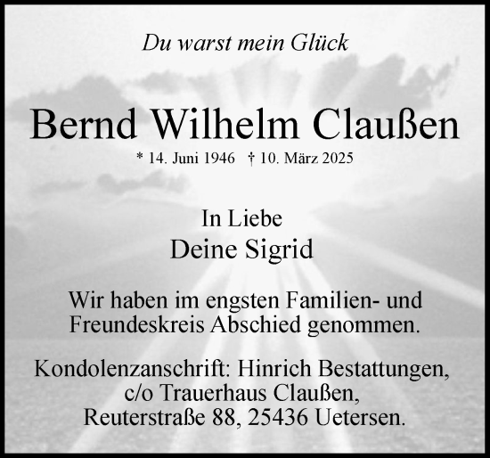 Traueranzeige von Bernd Wilhelm Claußen von Uetersener Nachrichten, Der tip am Wochenende