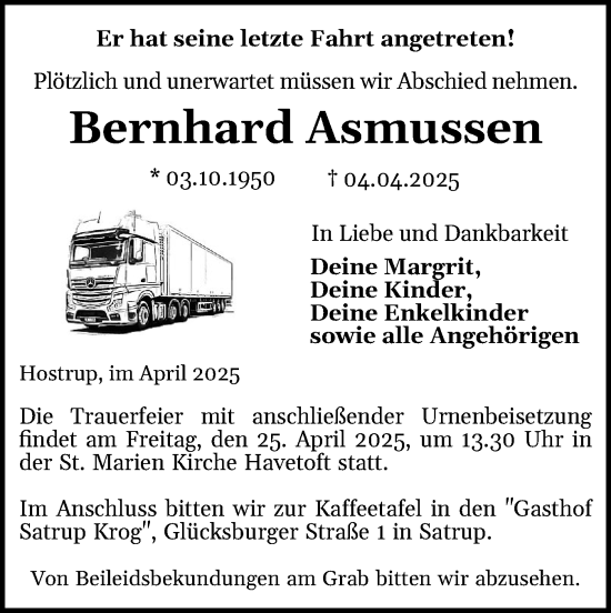 Traueranzeige von Bernhard Asmussen von Flensburger Tageblatt, Schleswiger Nachrichten, Schlei-Bote