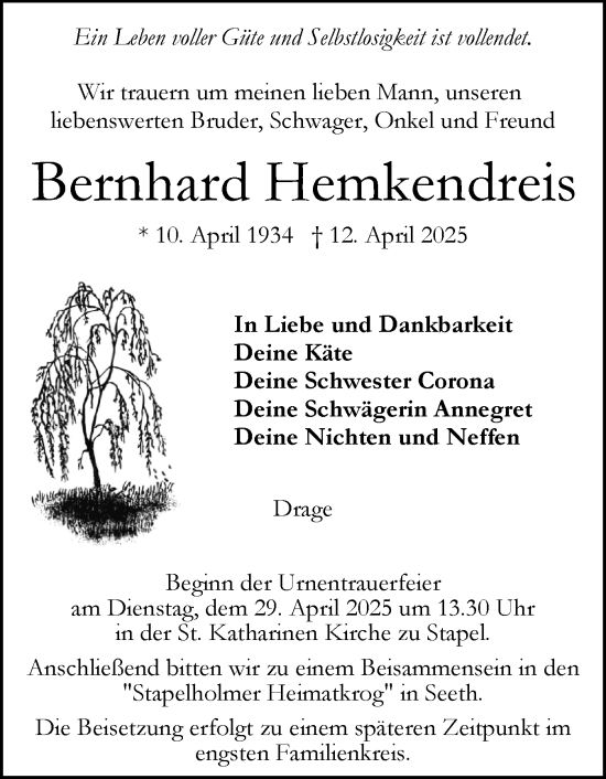 Traueranzeige von Bernhard Hemkendreis von Husumer Nachrichten, Nordfriesland Tageblatt