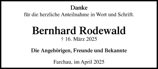 Traueranzeige von Bernhard Rodewald von MARKT Ratzeburg/Mölln