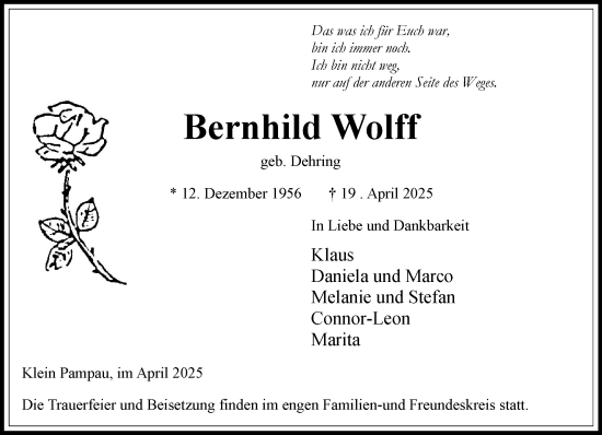 Traueranzeige von Bernhild Wolff von Wochenend Anzeiger