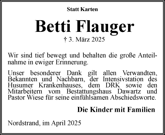 Traueranzeige von Betti Flauger von Husumer Nachrichten, Nordfriesland Tageblatt