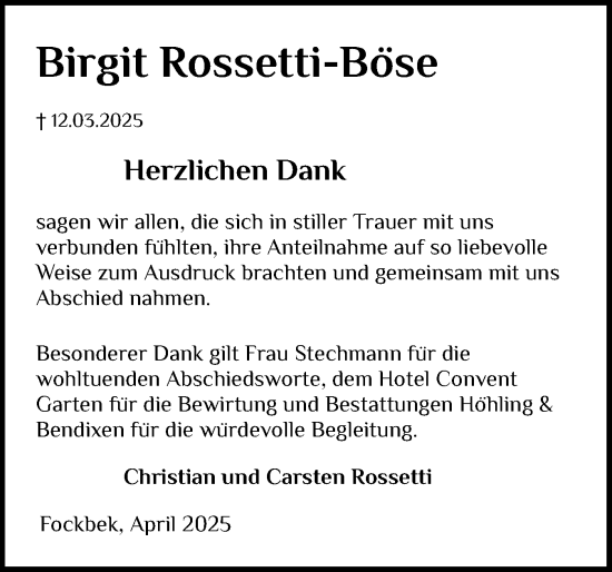 Traueranzeige von Birgit Rossetti-Böse von Schleswig-Holsteinische Landeszeitung