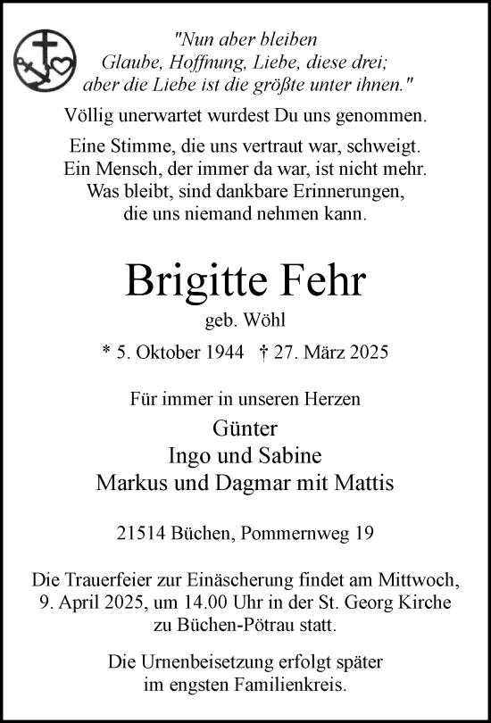 Traueranzeige von Brigitte Fehr von Wochenend Anzeiger