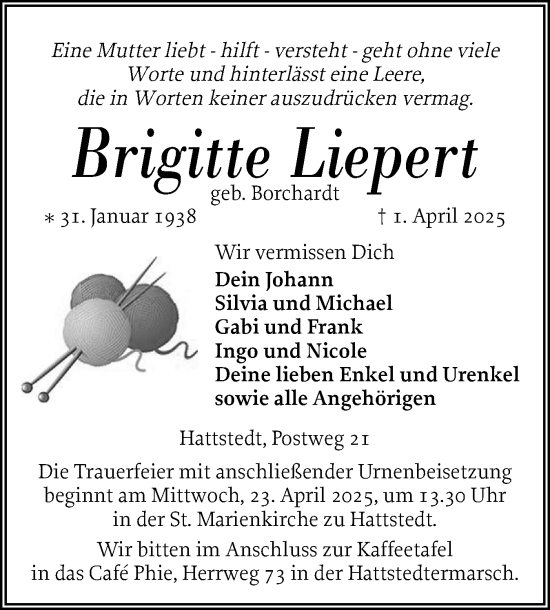 Traueranzeige von Brigitte Liepert von Husumer Nachrichten, Nordfriesland Tageblatt