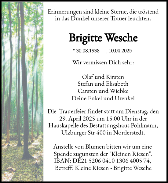 Traueranzeige von Brigitte Wesche von Heimatspiegel