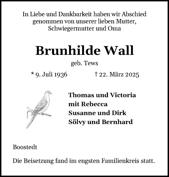 Traueranzeige von Brunhilde Wall von Holsteinischer Courier