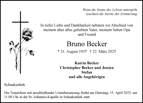 Traueranzeige von Bruno Becker von Wochenend Anzeiger