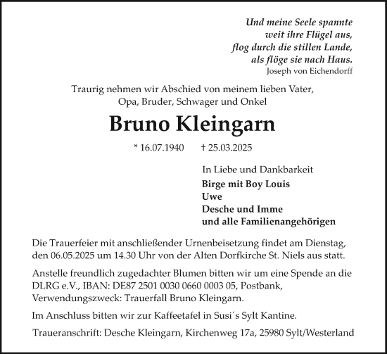 Traueranzeige von Bruno Kleingarn von Sylter Rundschau