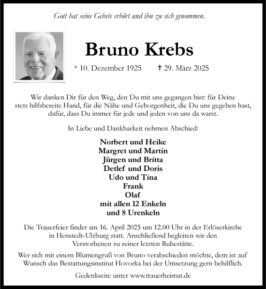 Traueranzeige von Bruno Krebs von Umschau