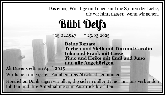 Traueranzeige von Bübi Delfs von Schleswig-Holsteinische Landeszeitung