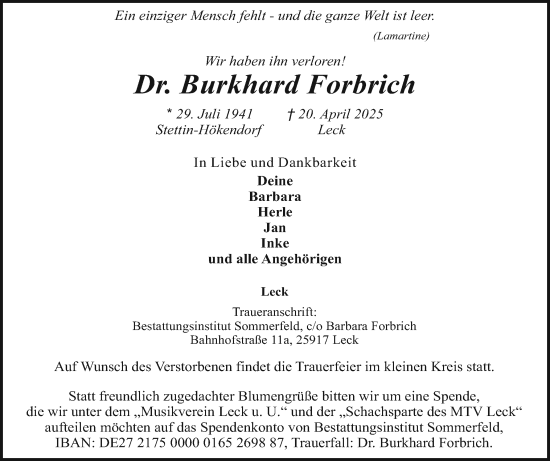 Traueranzeige von Burkhard Forbrich von Region Flensburg