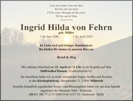 Traueranzeige von Ingrid Hilda von Fehrn von Husumer Nachrichten, Nordfriesland Tageblatt