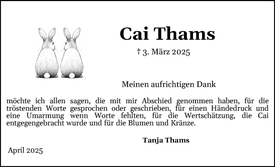 Traueranzeige von Cai Thams von Schleswiger Nachrichten, Schlei-Bote