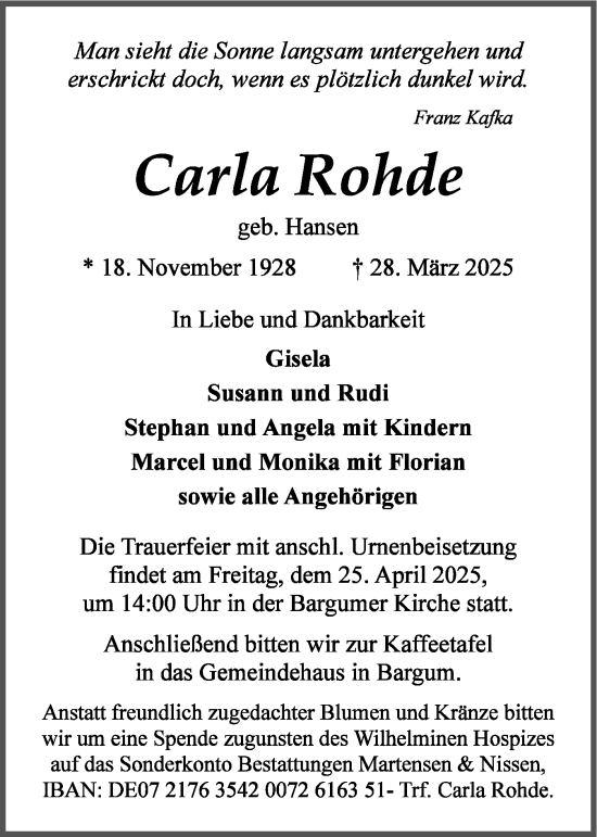 Traueranzeige von Carla Rohde von Husumer Nachrichten, Nordfriesland Tageblatt