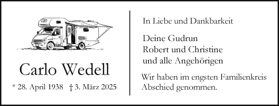 Traueranzeige von Carlo Wedell von Region Pinneberg und tip Pinneberg