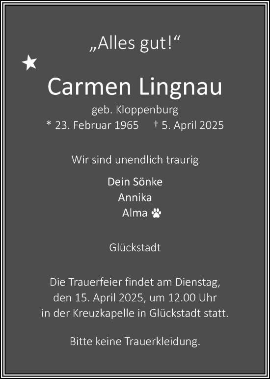 Traueranzeige von Carmen Lingnau von Region Steinburg-Elmshorn