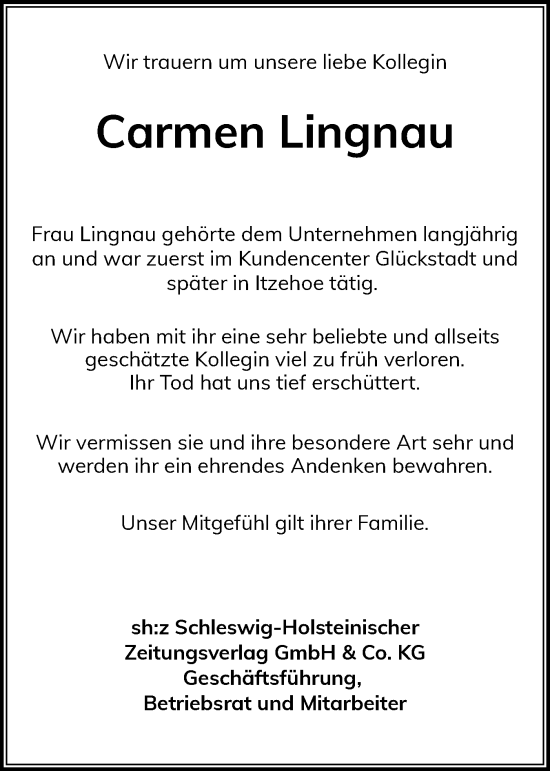 Traueranzeige von Carmen Lingnau von Region Steinburg-Elmshorn