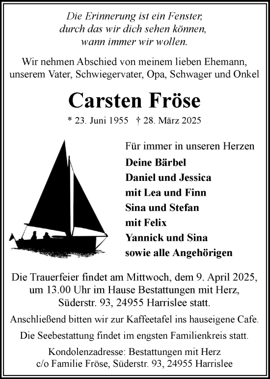 Traueranzeige von Carsten Fröse von Flensburger Tageblatt, Schleswiger Nachrichten, Schlei-Bote