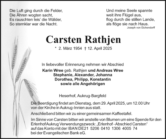 Traueranzeige von Carsten Rathjen von Schleswig-Holsteinische Landeszeitung