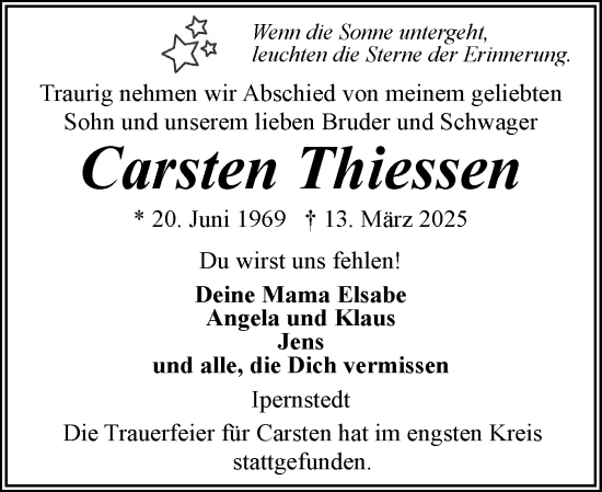Traueranzeige von Carsten Thiessen von Husumer Nachrichten, Nordfriesland Tageblatt