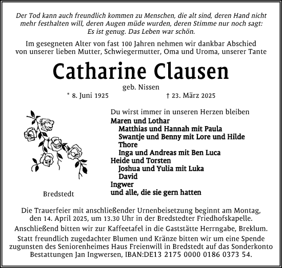 Traueranzeige von Catharine Clausen von Husumer Nachrichten, Nordfriesland Tageblatt