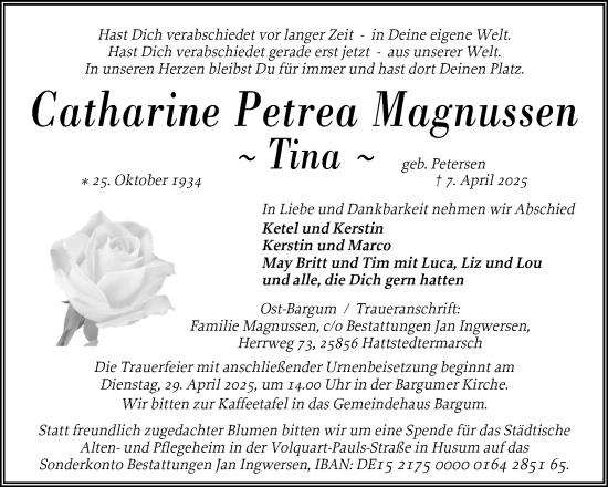 Traueranzeige von Catharine  Magnussen von Husumer Nachrichten, Nordfriesland Tageblatt