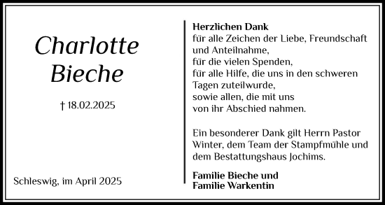 Traueranzeige von Charlotte Bieche von Schleswiger Nachrichten, Schlei-Bote