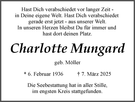 Traueranzeige von Charlotte Mungard von Husumer Nachrichten, Nordfriesland Tageblatt