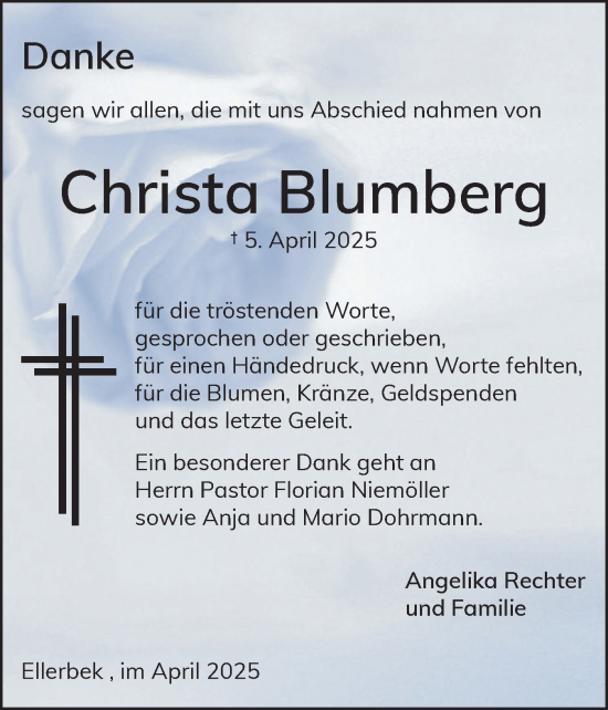 Traueranzeige von Christa Blumberg von Uetersener Nachrichten, Der tip am Wochenende
