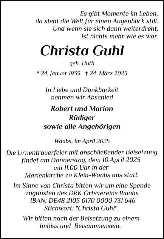 Traueranzeige von Christa Guhl von Eckernförder Zeitung