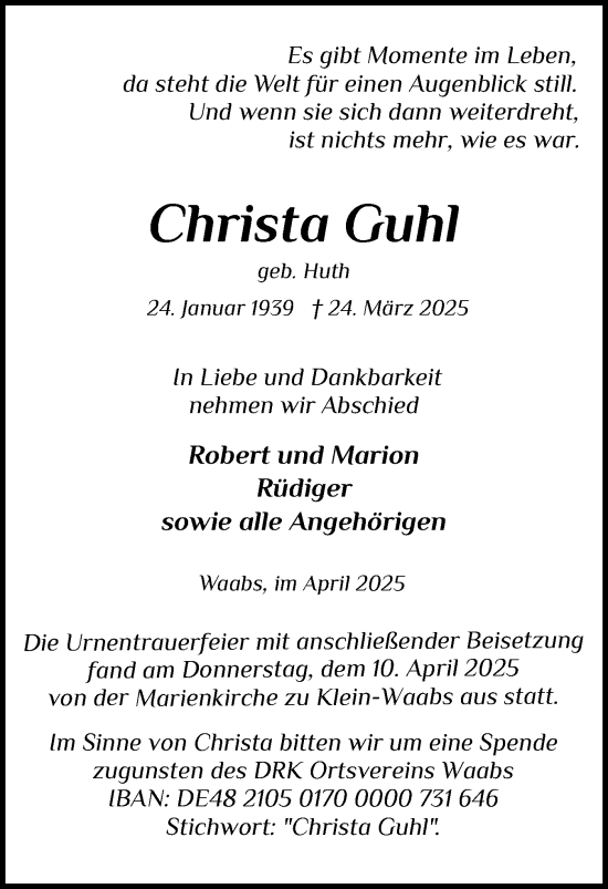 Traueranzeige von Christa Guhl von Hallo Eckernförde