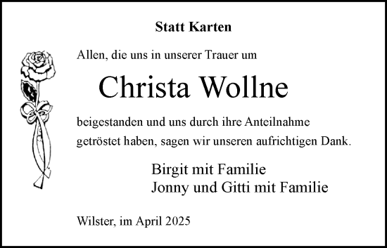 Traueranzeige von Christa Wollne von Norddeutsche Rundschau, Wilstersche Zeitung, Glückstädter Fortuna