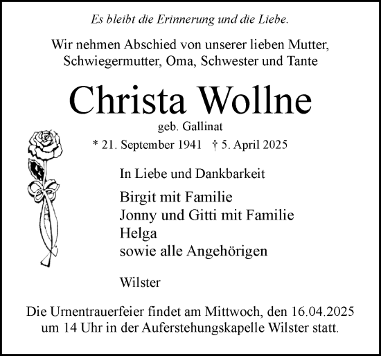 Traueranzeige von Christa Wollne von Norddeutsche Rundschau, Wilstersche Zeitung, Glückstädter Fortuna