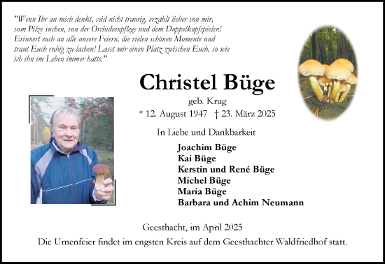 Traueranzeige von Christel Büge von Wochenend Anzeiger