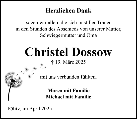 Traueranzeige von Christel Dossow von MARKT Bad Oldesloe/Reinfeld und Stormarner Tageblatt