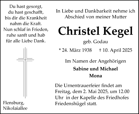 Traueranzeige von Christel Kegel von Flensburger Tageblatt