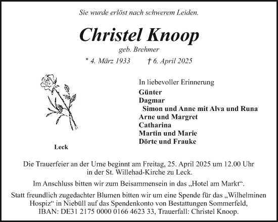 Traueranzeige von Christel Knoop von Region Flensburg